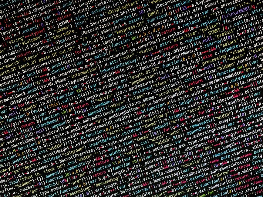 The image displays a dense overlay of colorful programming code on a dark background, featuring various syntax elements such as functions, variables, and comments highlighted in colors including red, 